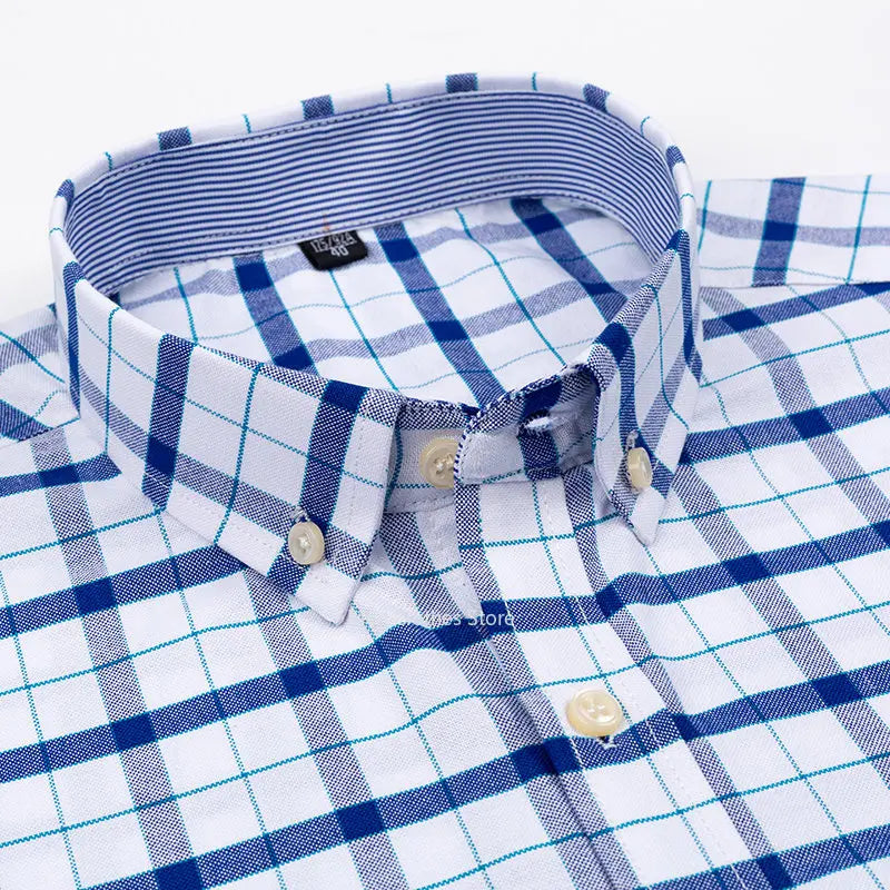 Luxury Men's  100% Pure Cotton Short Sleeve Striped Single Pocket Plaid Shirt Size 40-43