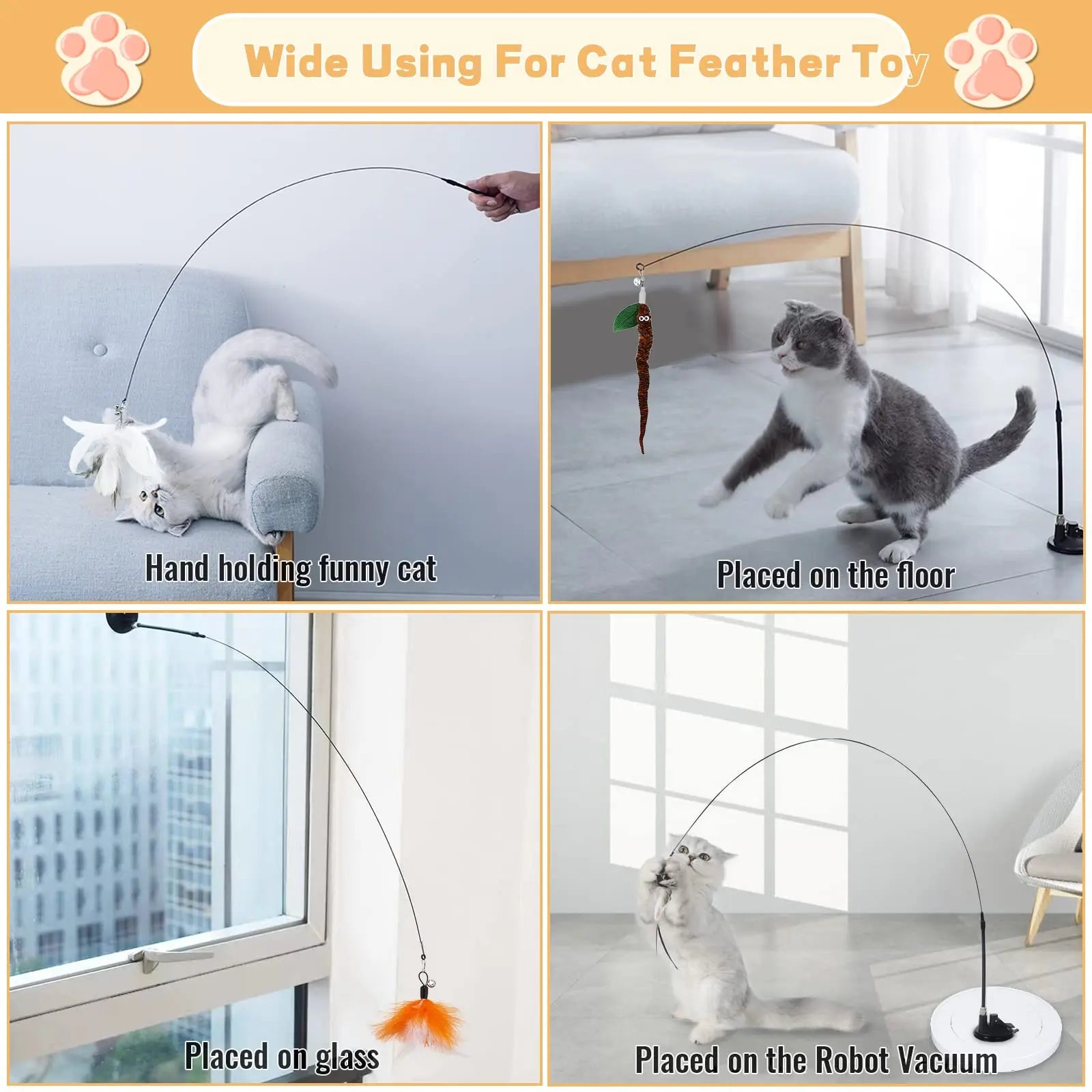 Cats Toys Feathers Wand Interactive Toy with Super Suction Cup and Metal Construction 2 PCS Feather Replacements
