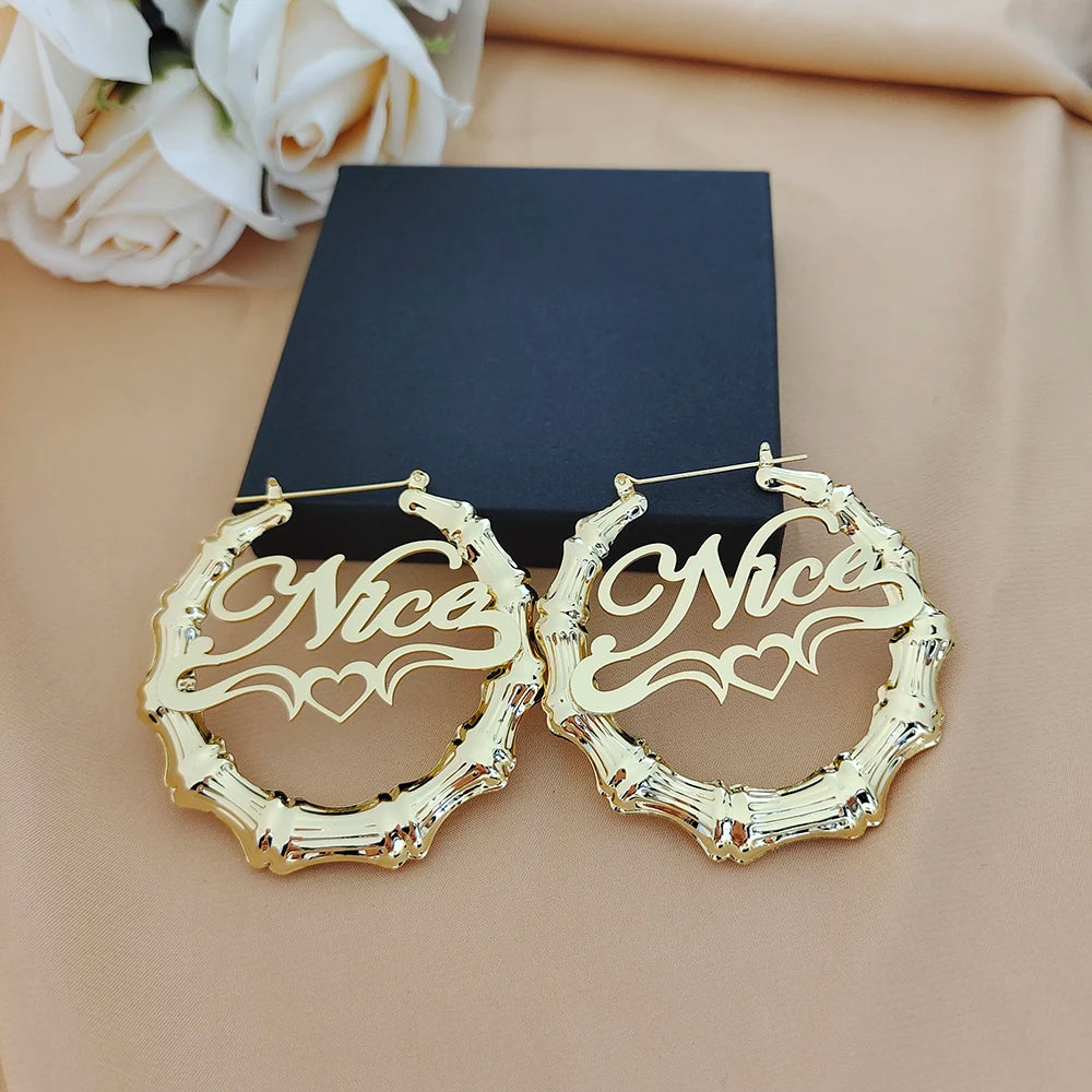 Exquisite 18K Gold Plated Stainless Steel Customize Name Bamboo Hoop Earrings