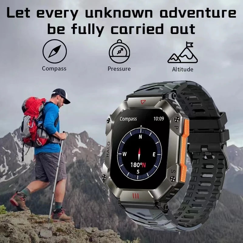New 2024 Military Tactical Sports GPS Smartwatch - 2.0 Inch AMOLED Bluetooth Calls Compass Track Weather AI Voice 120+Sports Modes 620mAh Waterproof for iOS Android