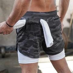 Mens Gym Sports Shorts Jogging Running Breathable Fitness Exercise Double Layer Shirt Hidden-Pocket Casual Camouflage Shorts