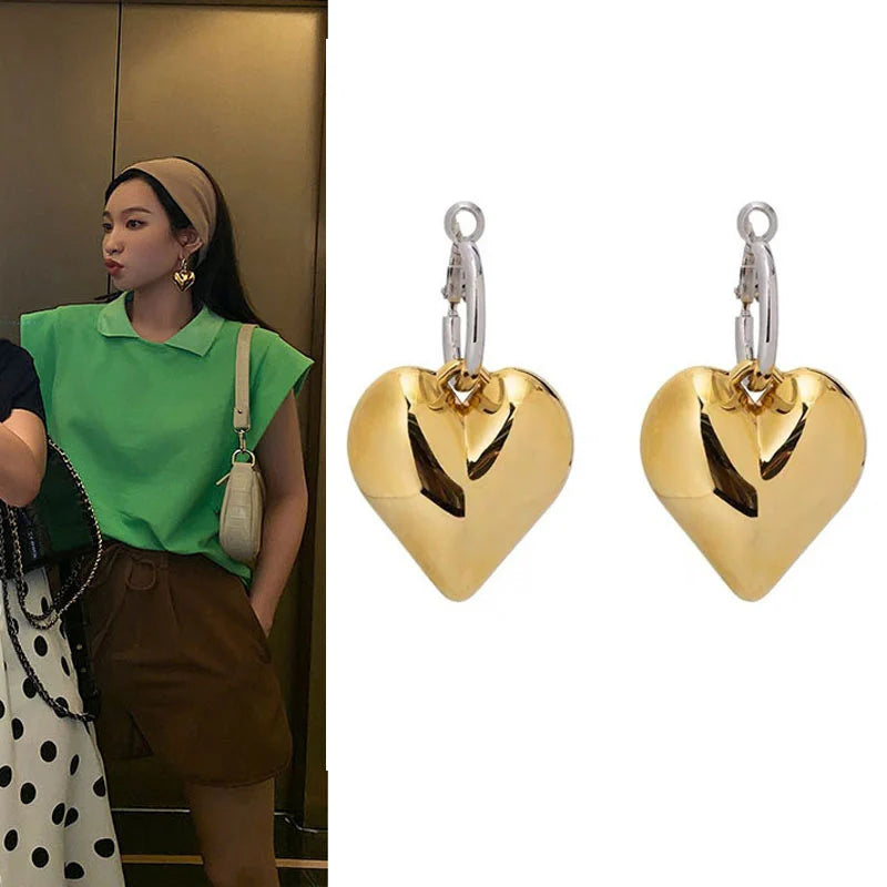 Elegant Big Heart Huggie Hoop Earrings | Asymmetric Big Gold Color Fashion Jewelry