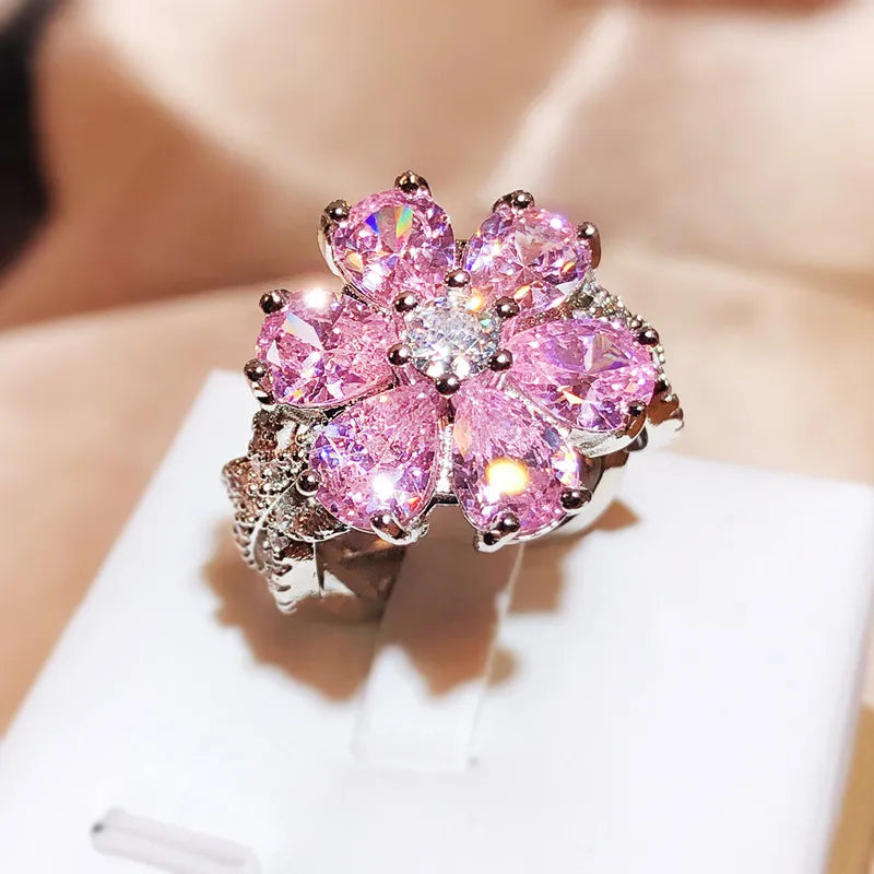 Exquisite 925 Sterling Silver Sparkling Cubic Zirconia Pink Flower Rings for Women