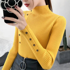 Gorgeous Luxury Women's Knitted Slim Cotton Soft Elastic Color Pullovers Button Turtleneck