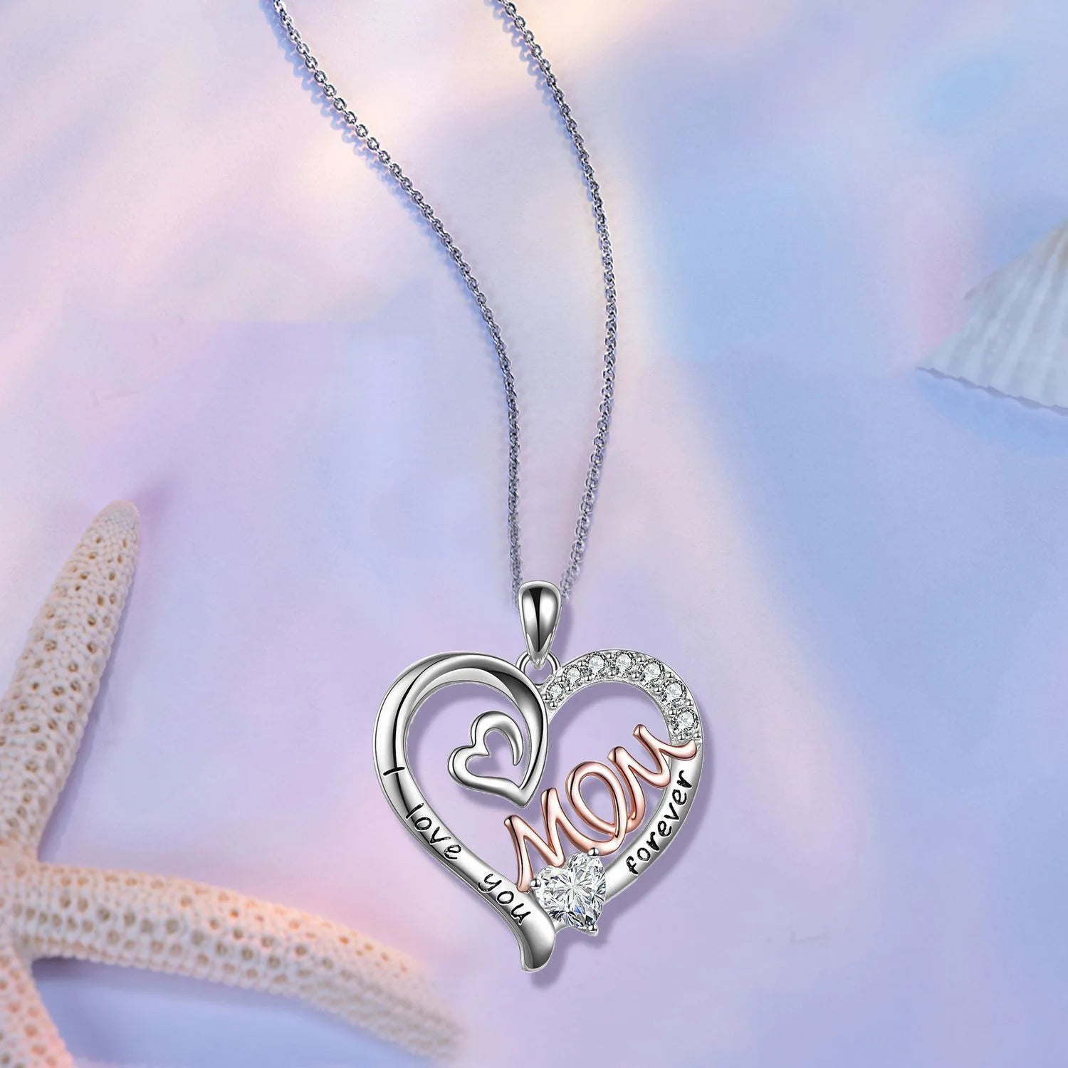 Elegant Dazzling Zirconia Heart Love Mother Necklace for Mothers Day | Silver Plated