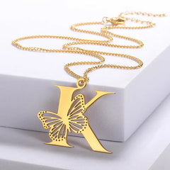 Gorgeous Luxury Stainless Steel Dainty Big Butterfly Initial Letters Pendant Necklaces