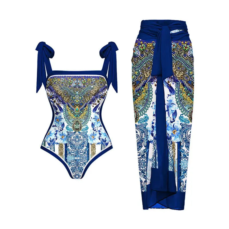 Exquisite Luxury Sexy Blue One-Shoulder Ruffled Print Floral Swimsuit Set Cover Up Single Piece Micro Monokini Sexy Swimwear