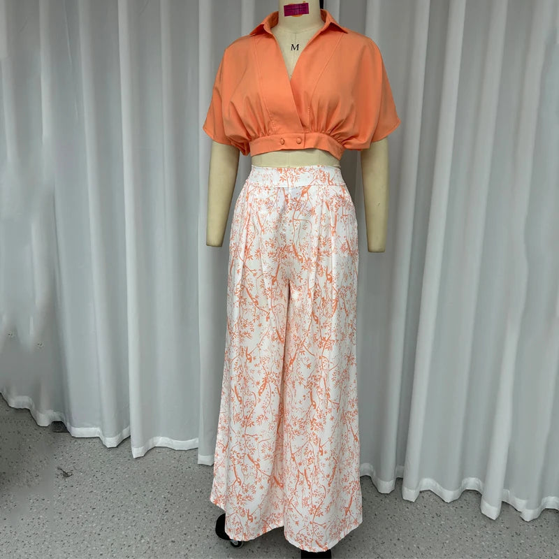 Gorgeous Sexy Womens Two Piece Outfits Floral Print Wide Leg Pant High Streetwear