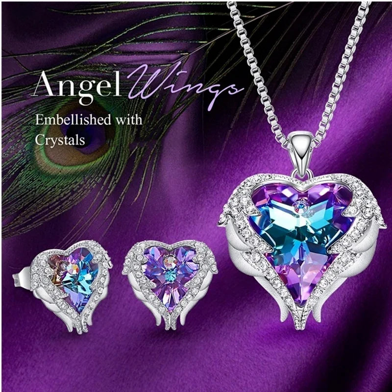 Magnificent Angel Wing Love Heart CZ Crystal Necklaces and Earrings Set