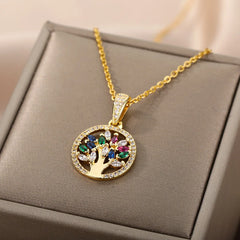 Exquisite High-Quality Stainless Steel Tree of Life Colorful Cubic Zirconia Pendants Necklaces