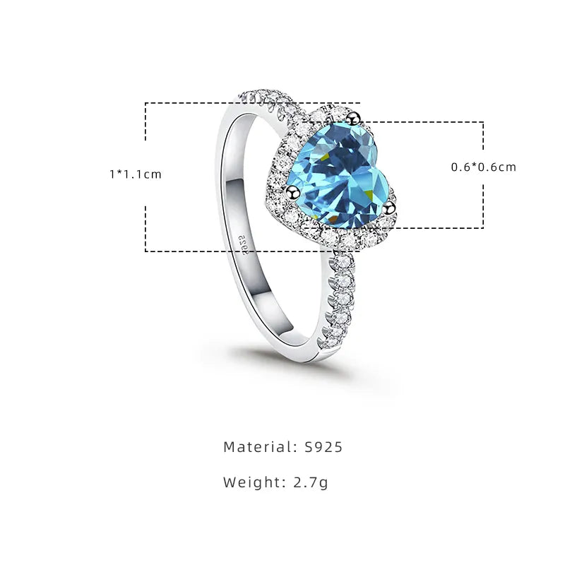 Elegant S925 Sterling  Multicolor Topaz CZ Heart Shaped Ring For Women and Girls