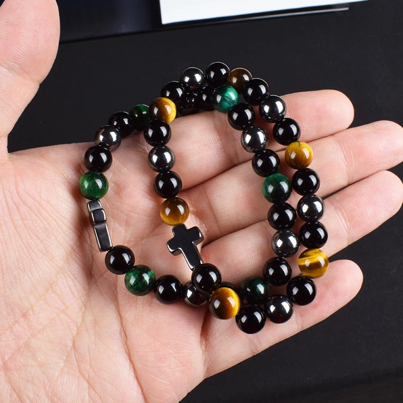 Triple Protection Natural Stones with Cross Bracelet for Women and Men