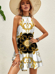 New Elegant Women's Mini Halter Golden Pattern Off Shoulder Tie Back Sleeveless Dress