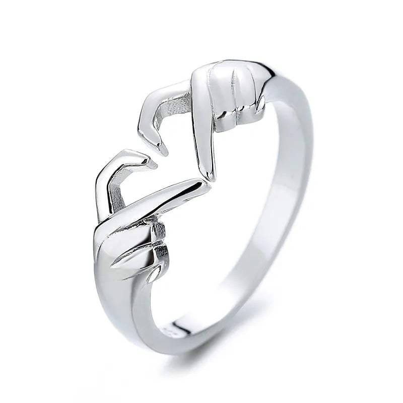 Elegant Adjustable S925 Sterling Silver Romantic Love Hand with Heart Shaped Ring