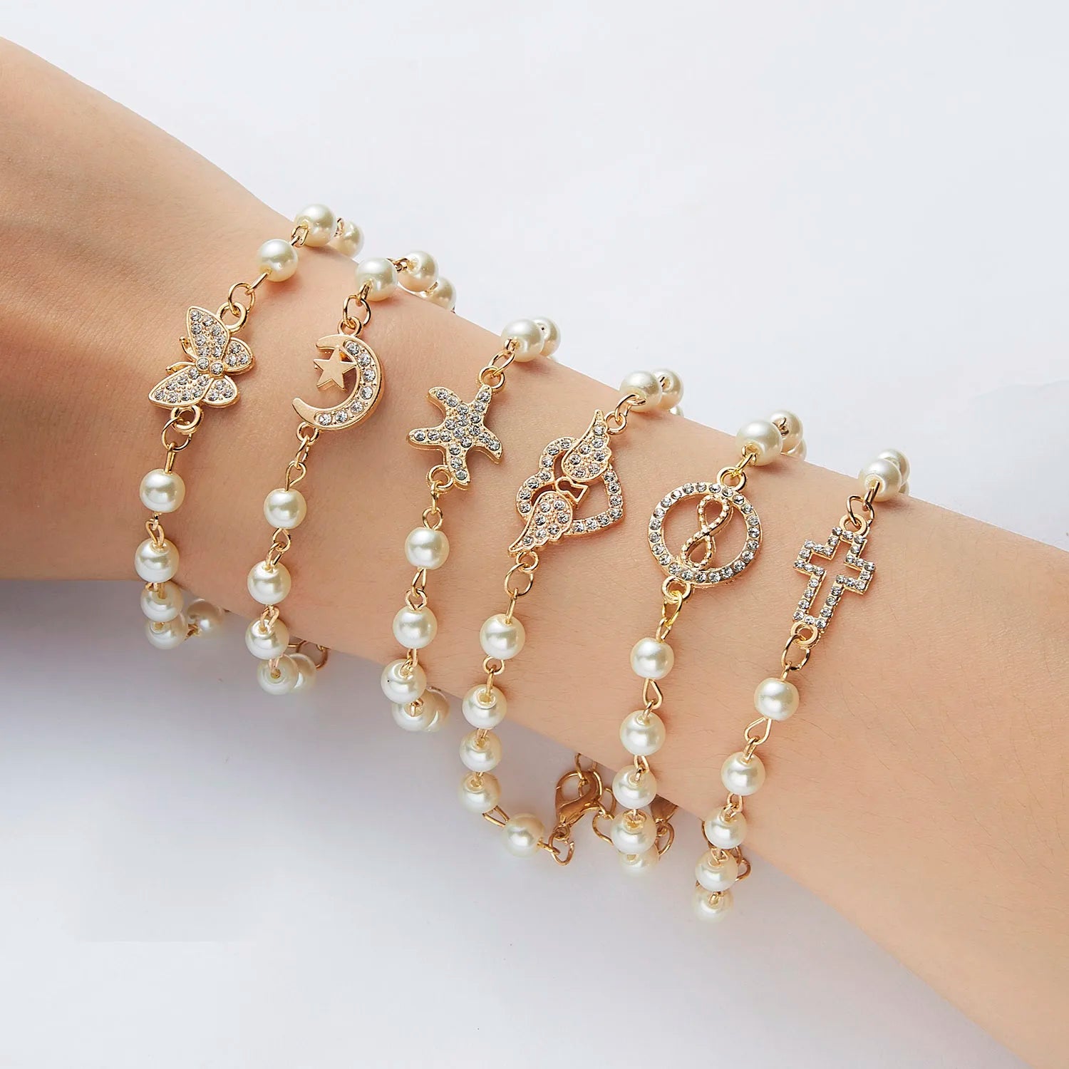 Hot Trendy Cross Infinity Butterfly Starfish Love Wing Rhinestone Pearl Adjustable Bracelet for Women and Girls